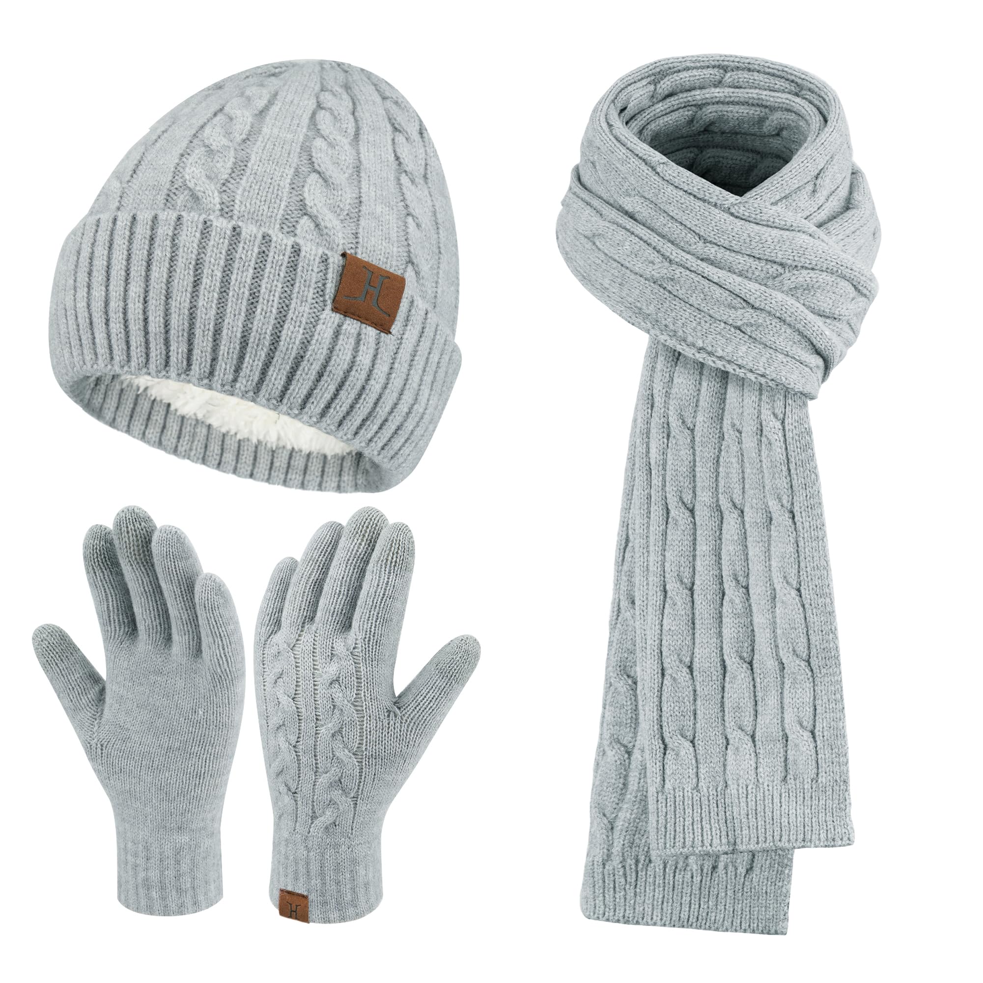 Womens Winter Beanie Hats Long Scarf Touchscreen Gloves Set Warm Knit Skull Caps Gifts for Women